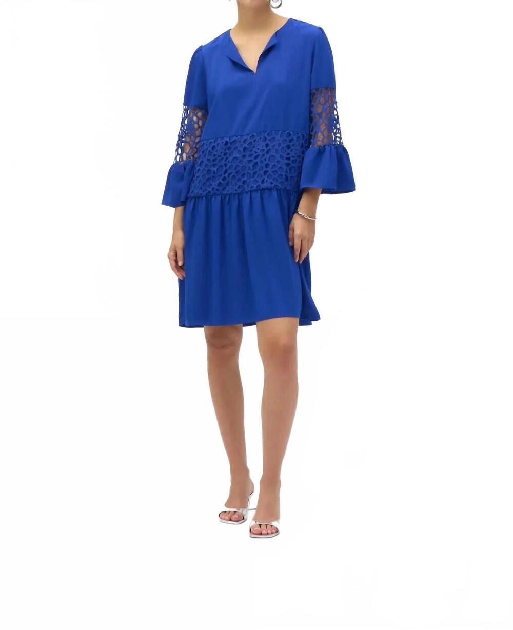NEW JOSEPH RIBKOFF laser cut three quarter sleeves a-line dress in royal sapphir